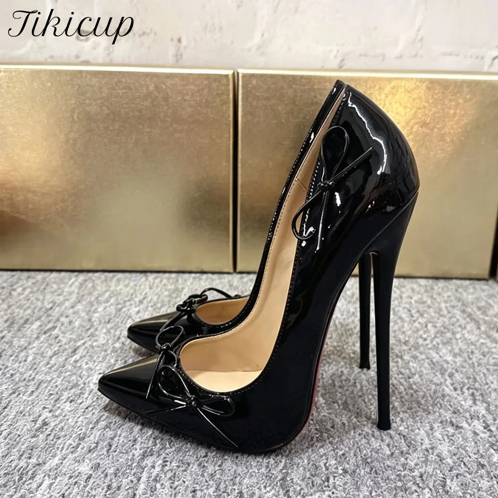 Sexy Sweet Bow Pointed Toe 14cm 16cm Ultra High Heels Women Black Stiletto Pumps Pole Dance Model Catwalk Party  Wear Shoes