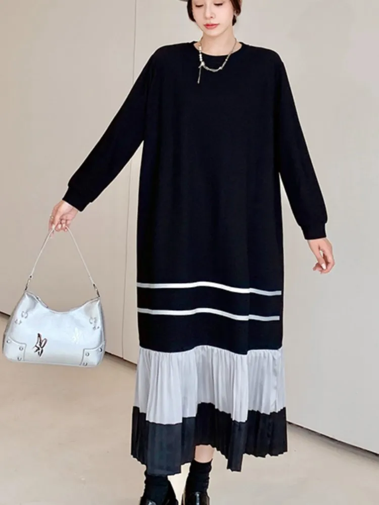 特大の女性用Tシャツ,プリーツドレス,ルーズセーター,パッチワークカラー,長袖,春,秋