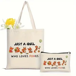 2Pcs Just A Girl Who Loves Foxes Print Tote Bag Set, Canvas Travel Shoulder Bag With Makeup Bag, Literary School Handbag