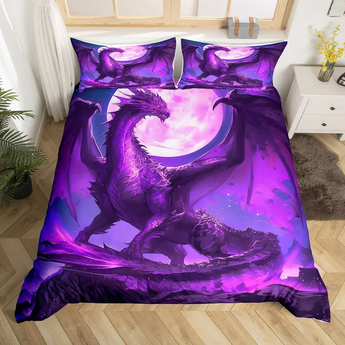 3D Dragon Duvet Cover Snow Mountain Bedding Set,Flying Dragon Comforter Cover for Boys Girls Room Decor,Blue White Quilt Cover