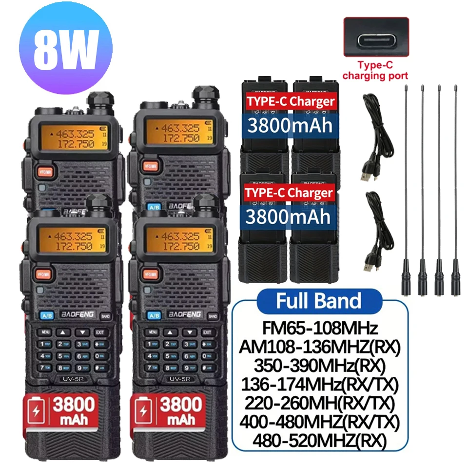 4 Stuks Baofeng UV-5R 8W/5W Tri-Power Walkie Talkie High Power Dual Band Lange Afstand Draagbare Uv 5r Radio