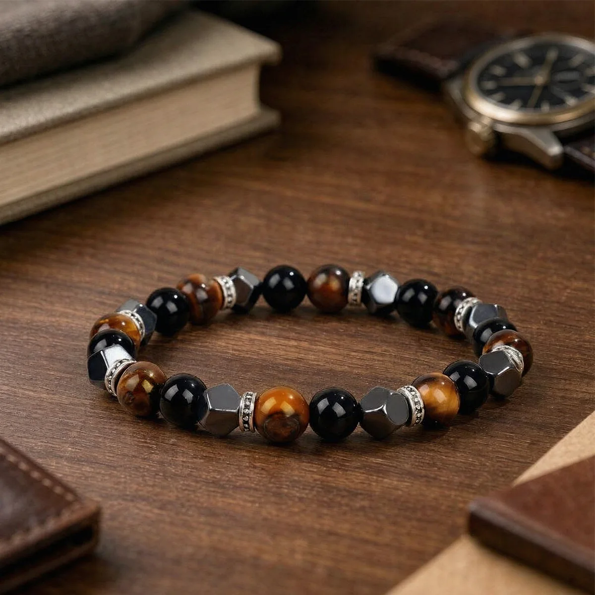 Men Vintage Tiger Eye Hematite Bracelet 8mm Faceted Black Glass Zinc Alloy Stretch Classic Masculine Jewelry Gift