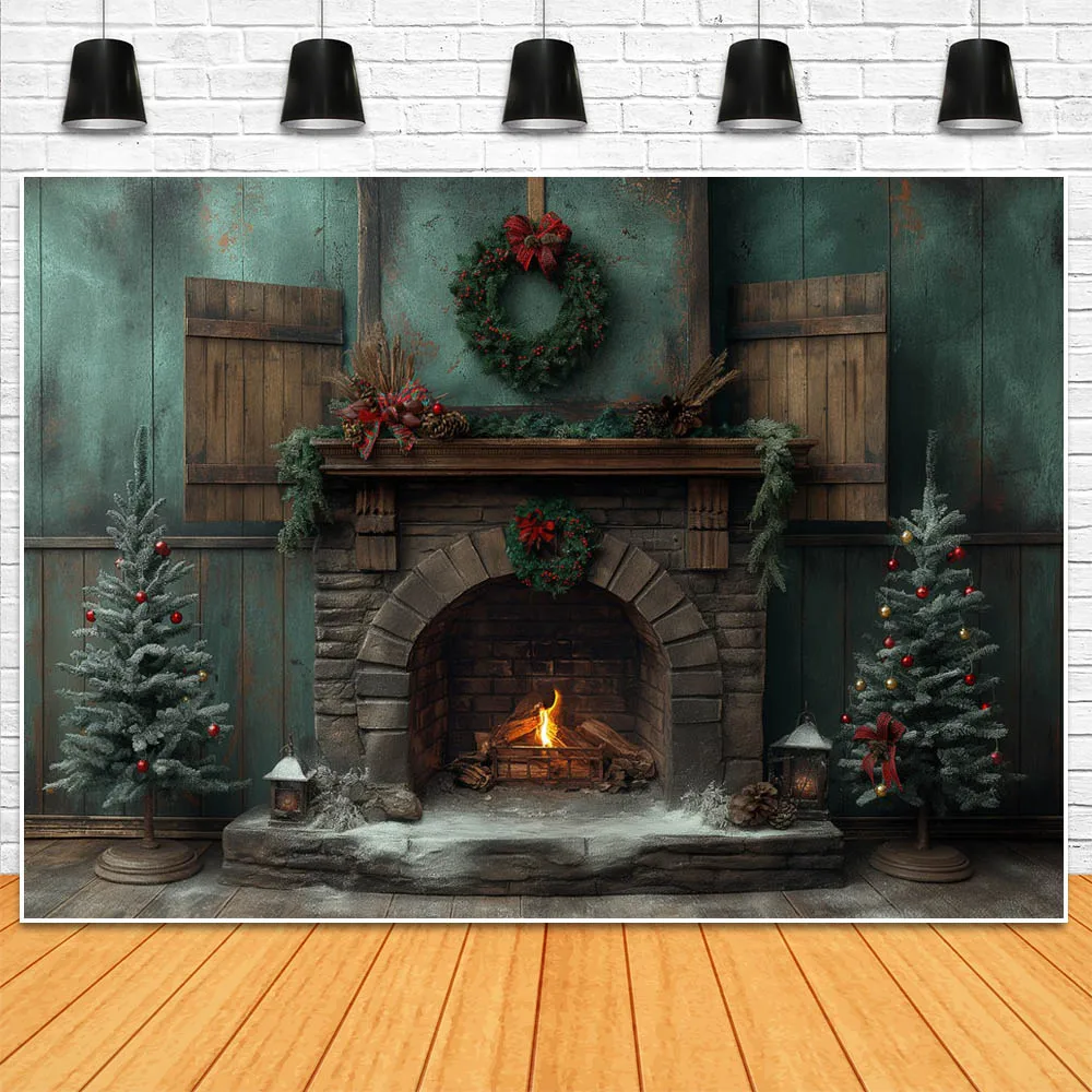 Mocsicka Christmas Vintage Green Wall Backdrops Photography Wooden Fireplace Family Portrait Background Photo Studio Shoot Props