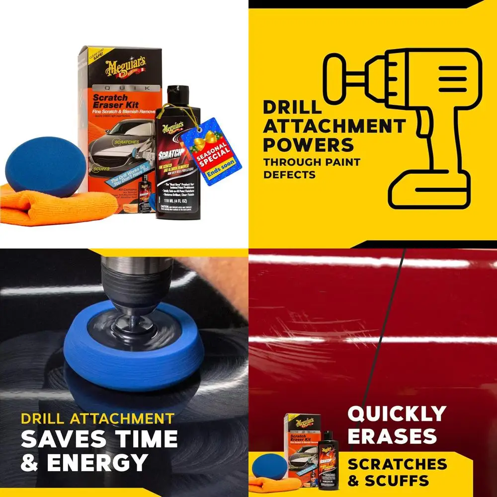 

Meguiar’s Quik Scratch Eraser Kit, Car Scratch Remover for Fixing Surface Blemishes, Includes ScratchX, Drill-Mounted Pad, and M