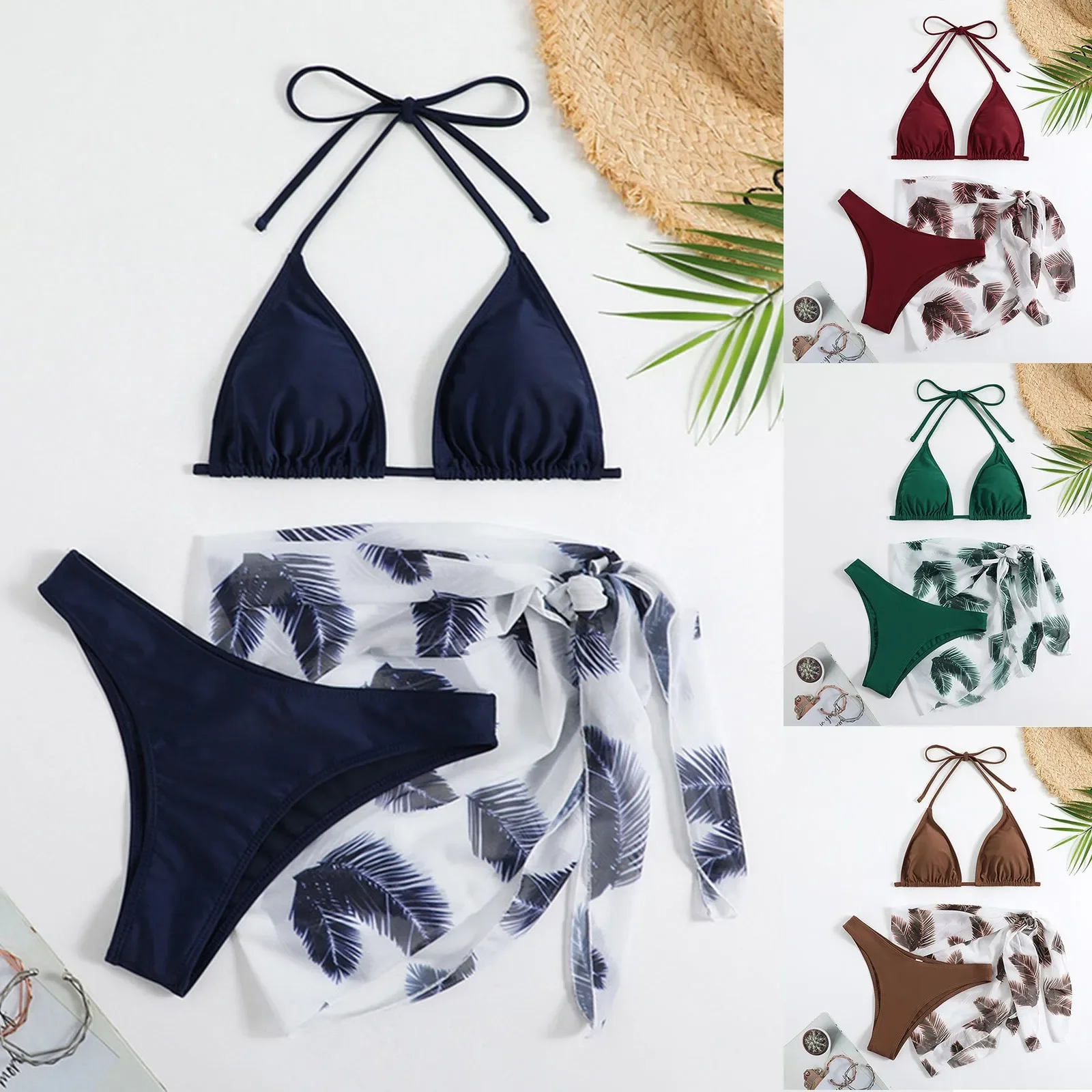 Women'S 3 Piece Bikini Set Triangle Cheeky Bathing Suits Cute Printing Swimsuits With Cover Up Skirt