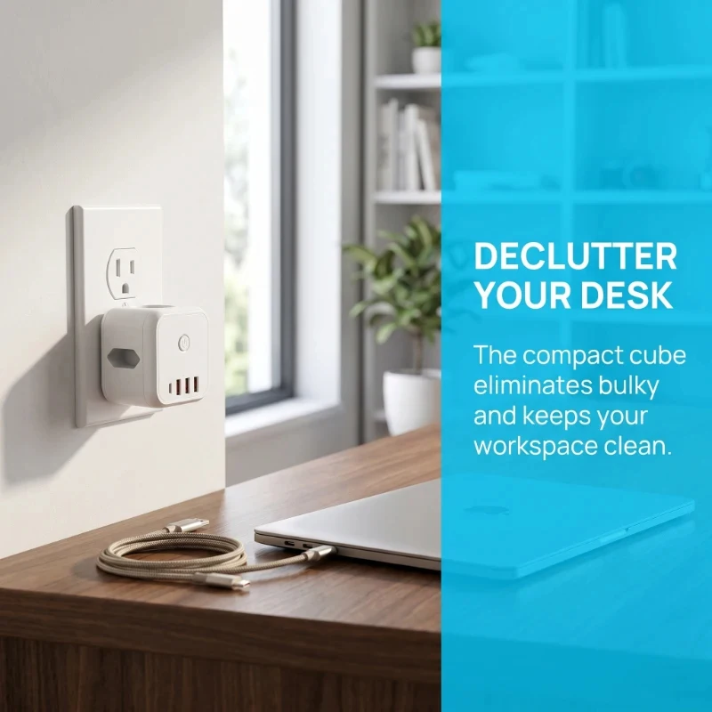  7-in-1 EU Plug Wall Socket Extender with 3AC Outlets+ 2 USB-A+2 USB-C Cube Socket On/Off Switch Adapter for Home