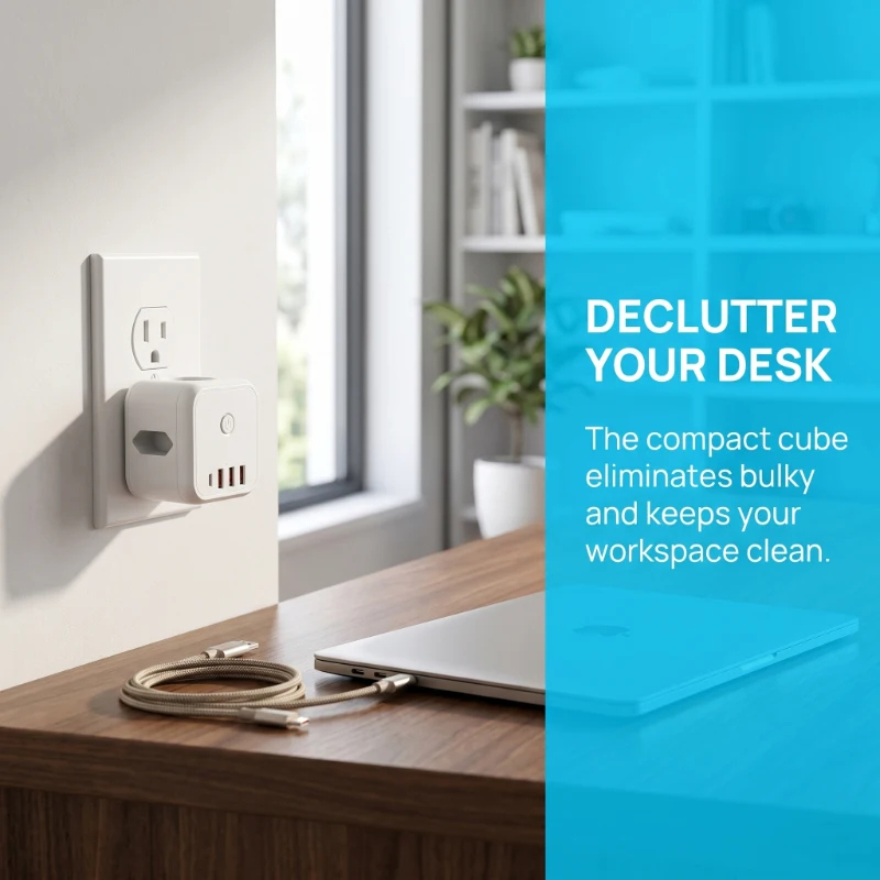   7-in-1 EU Plug Wall Socket Extender with 3AC Outlets+ 2 USB-A+2 USB-C Cube Socket On/Off Switch Adapter for Home 