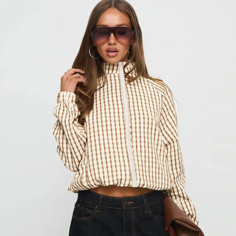 

2025 Autumn and Winter Women's Clothing Plaid Zipper Personalized Outdoor Long-sleeved Stand-up Collar Waist Jacket Women