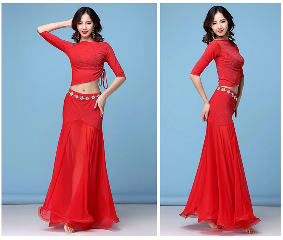 

Belly Dance Costume Practice Suit Outfit Drawstring Big Swing Skirt Set 2 Pcs Set For Adult Women Stage Performance Clothes