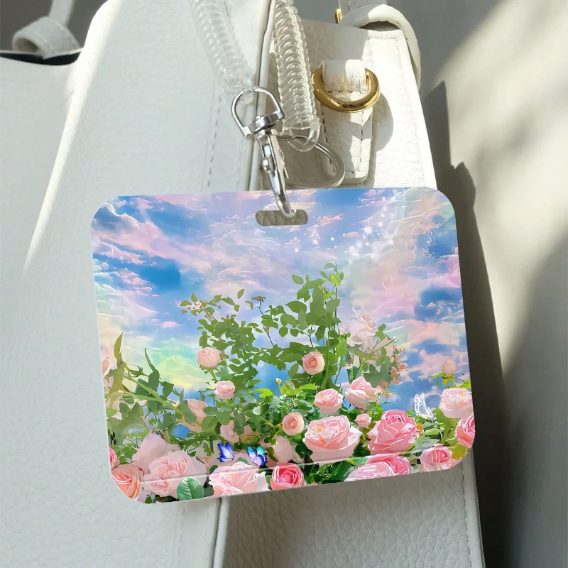 Beautiful Rose Bushes Horizontal Card Sleeve Student ID Card Campus Access Card Bus Card Waterproof Protective Cover Key Chain