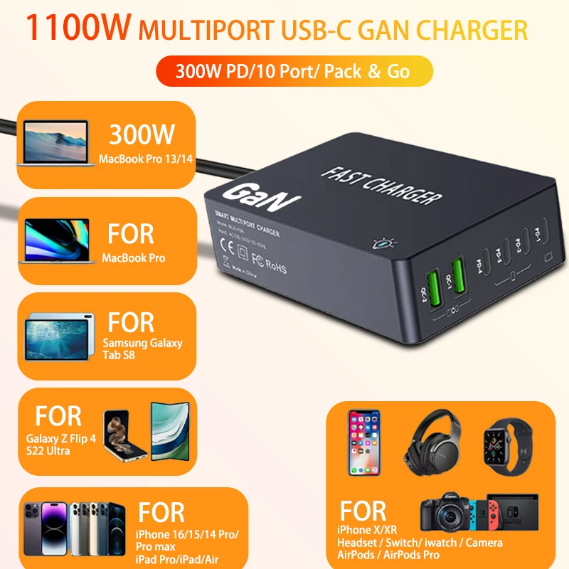 GaN شحن سريع سطح المكتب اللوحي 1100 واط 2 USB و 4 منافذ PD QC3.0 PPS محطة شحن للهواتف الذكية الوسادة المحمول للمنزل والمكتب