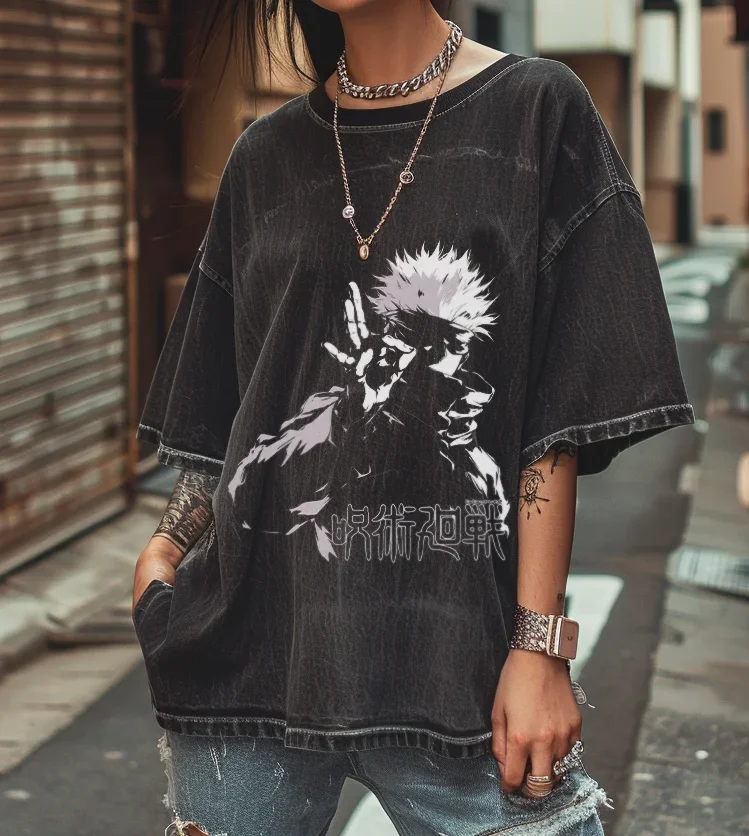 

Jujutsu Kaisen Y2K Oversized Washed Tshirt, Gojo Satoru Unisex T shirt, Streetwear Vintage Washed Short T-shirts For Men Women