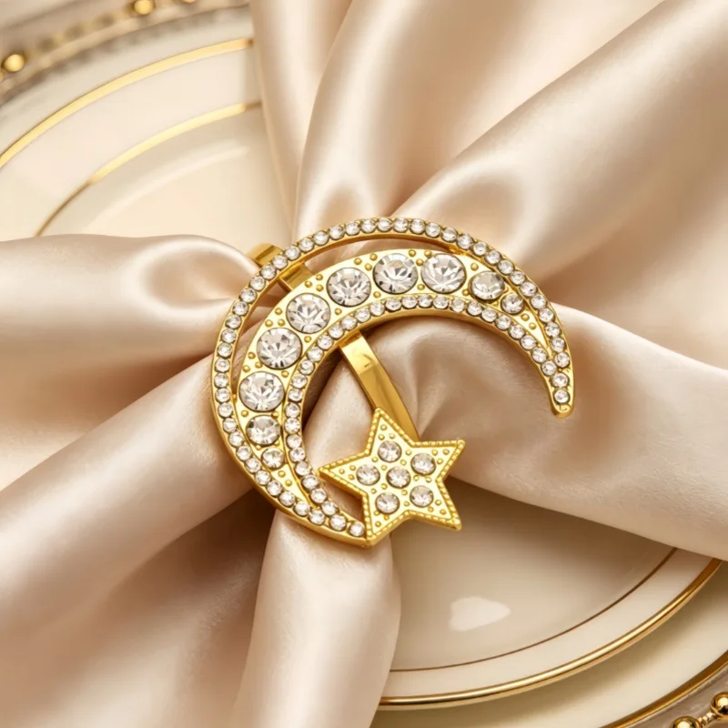 1-24PCS Bling Rhinestone Moon Star Napkin Rings Metal Elegant Table Decor for Ramadan Eid Holiday and Special Occasions