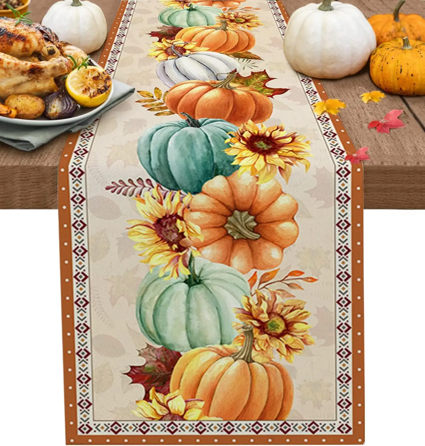 Thanksgiving Fall Pumpkin Maple Leaf Table Runners Seasonal Autumn Dresser Scarf for Holiday Wedding Party Kitchen Table Decor