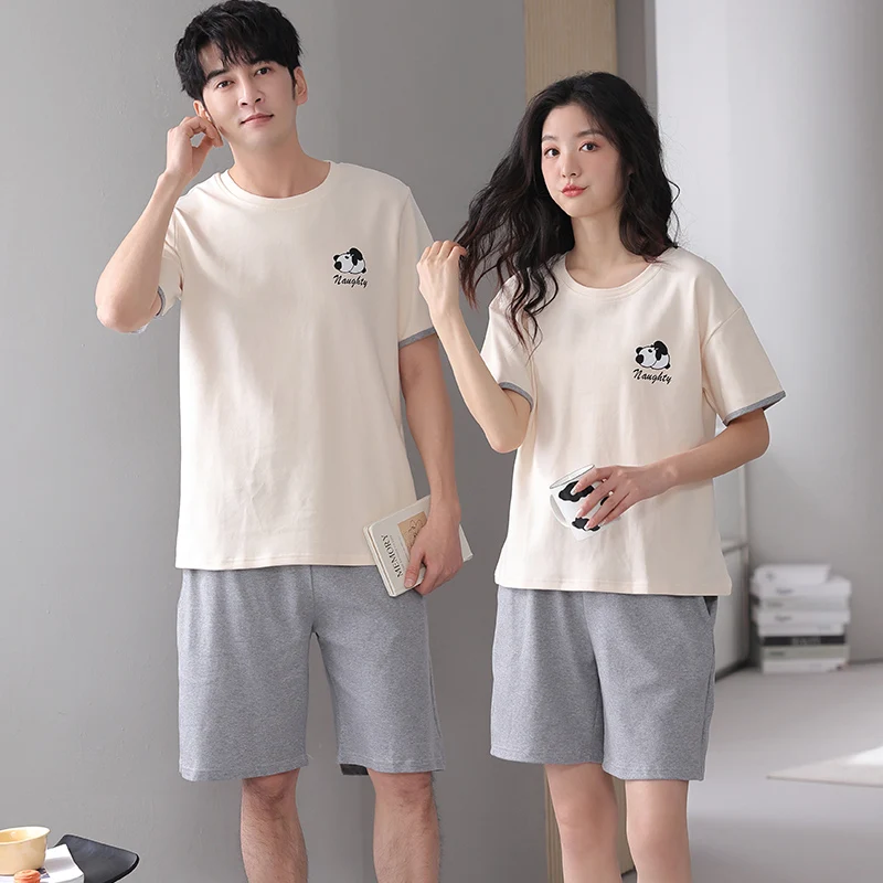 Newest M-4XL Couple Pajamas Set Summer Knited Cotton Men Short-Sleeved Sleepwear Women Nightgown Home Suit