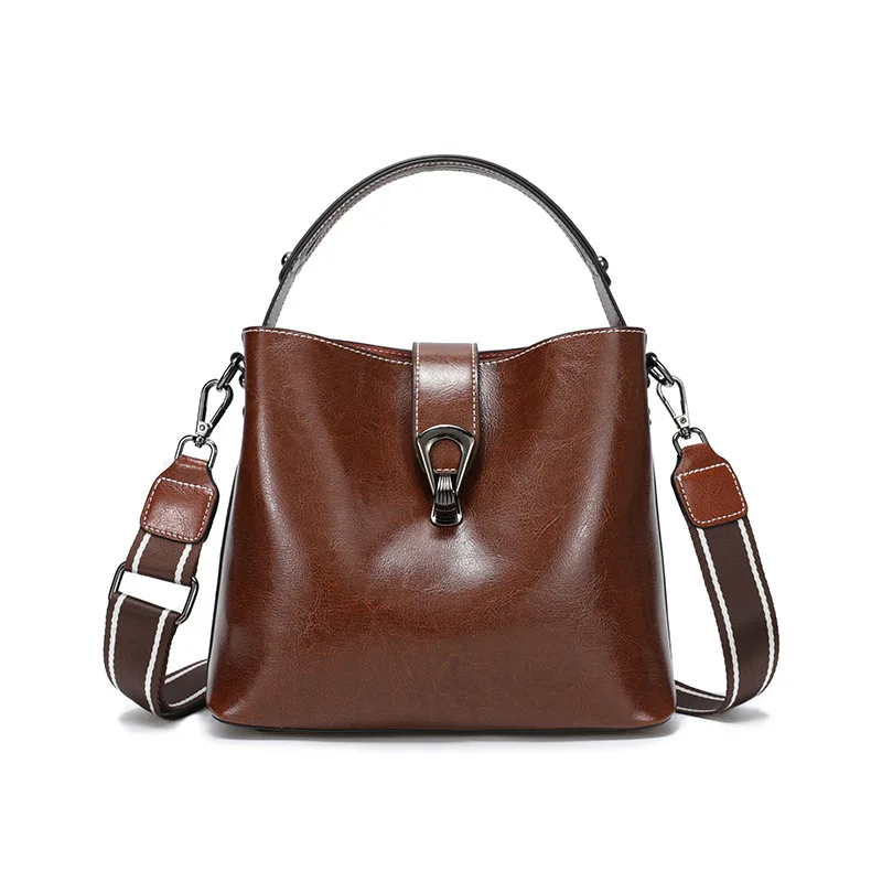 

Real Oil Wax Leather Women's Bucket Bag Casual and Simple Handbag Large Capacity Ladies Cowhide Fashionable Crossbody Tote Bag