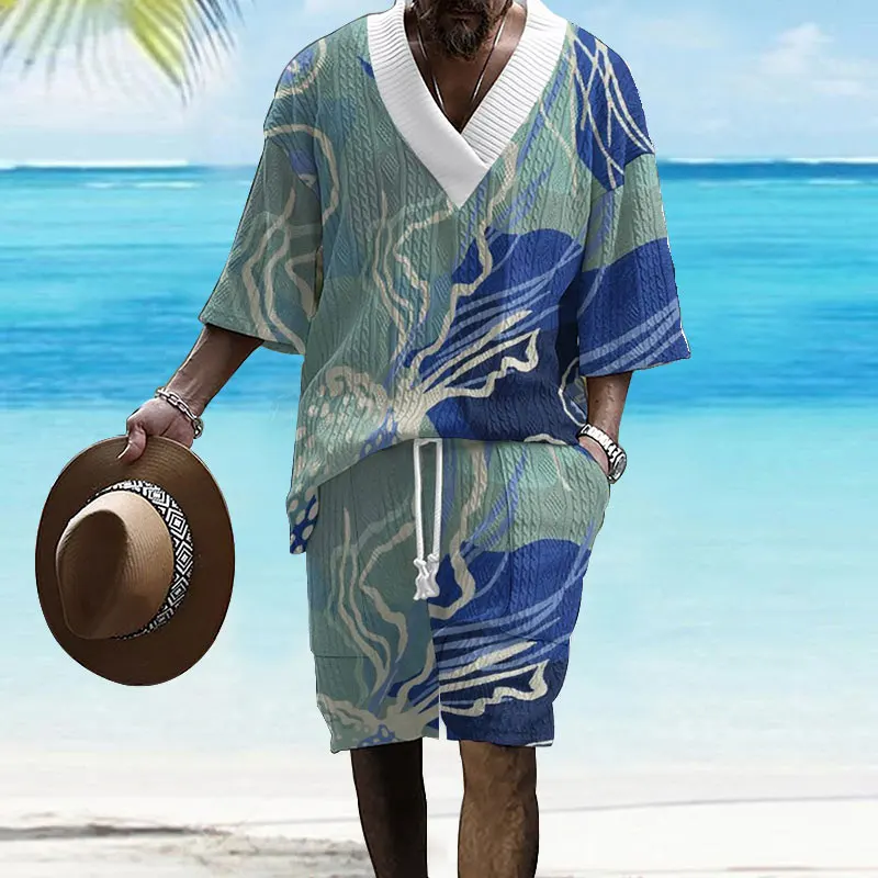2025 High-quality men's short-sleeved jacquard set, unique V-neck design, clearance sale fashionable 2-piece set