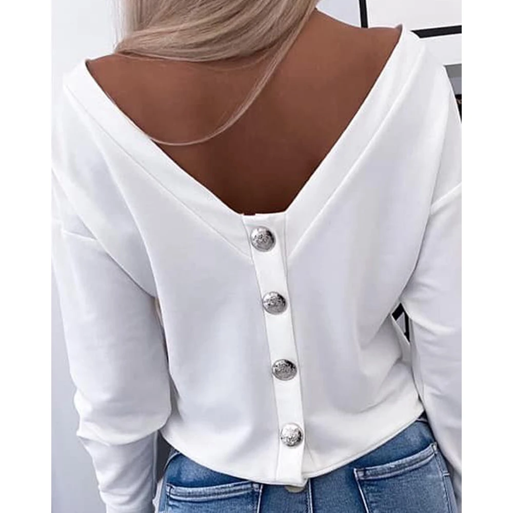 Spring Women Buttoned Decor V Neck Back Casual T-Shirts Long Sleeve Top Sexy Backless Daily Outfits Korean Style Y2k Clothing