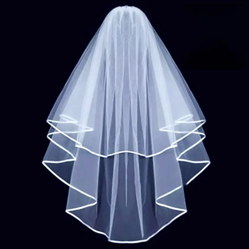 Wedding Bridal Veil with Comb Short Lace Simple Bride 2-Tier Tulle Satin Edge Women Girls Headpiece