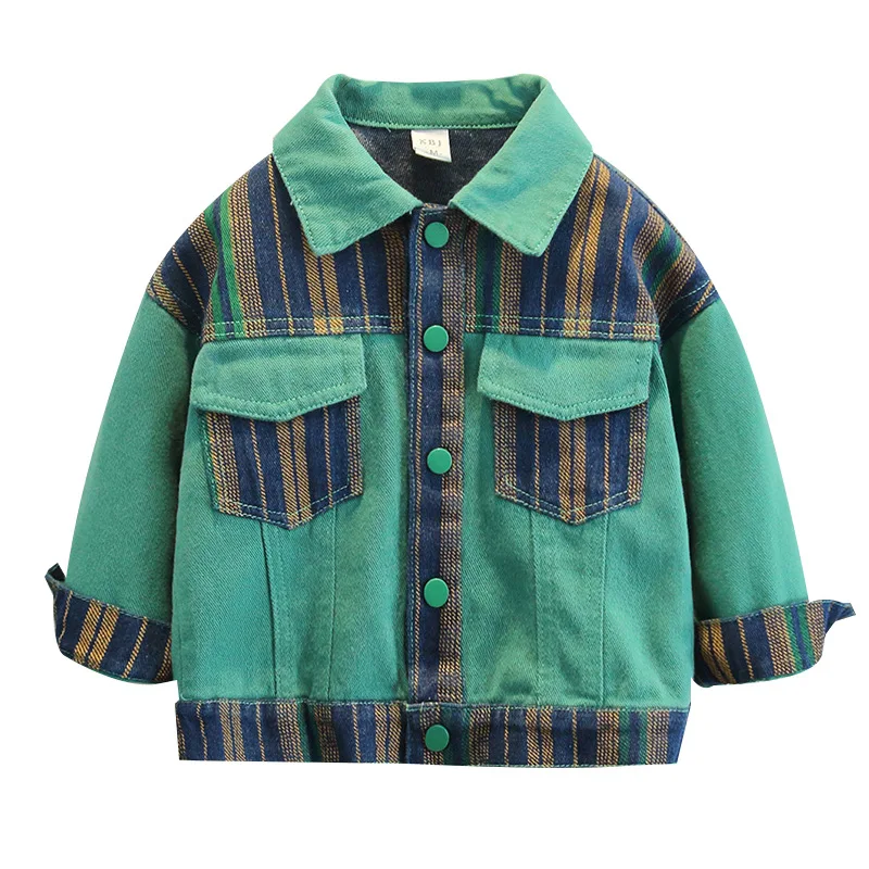 2025 New Boys' Green Denim Vertical Striped Jacket Children's Spring Autumn Casual Jacket Infants and Toddlers Trendy Topwear