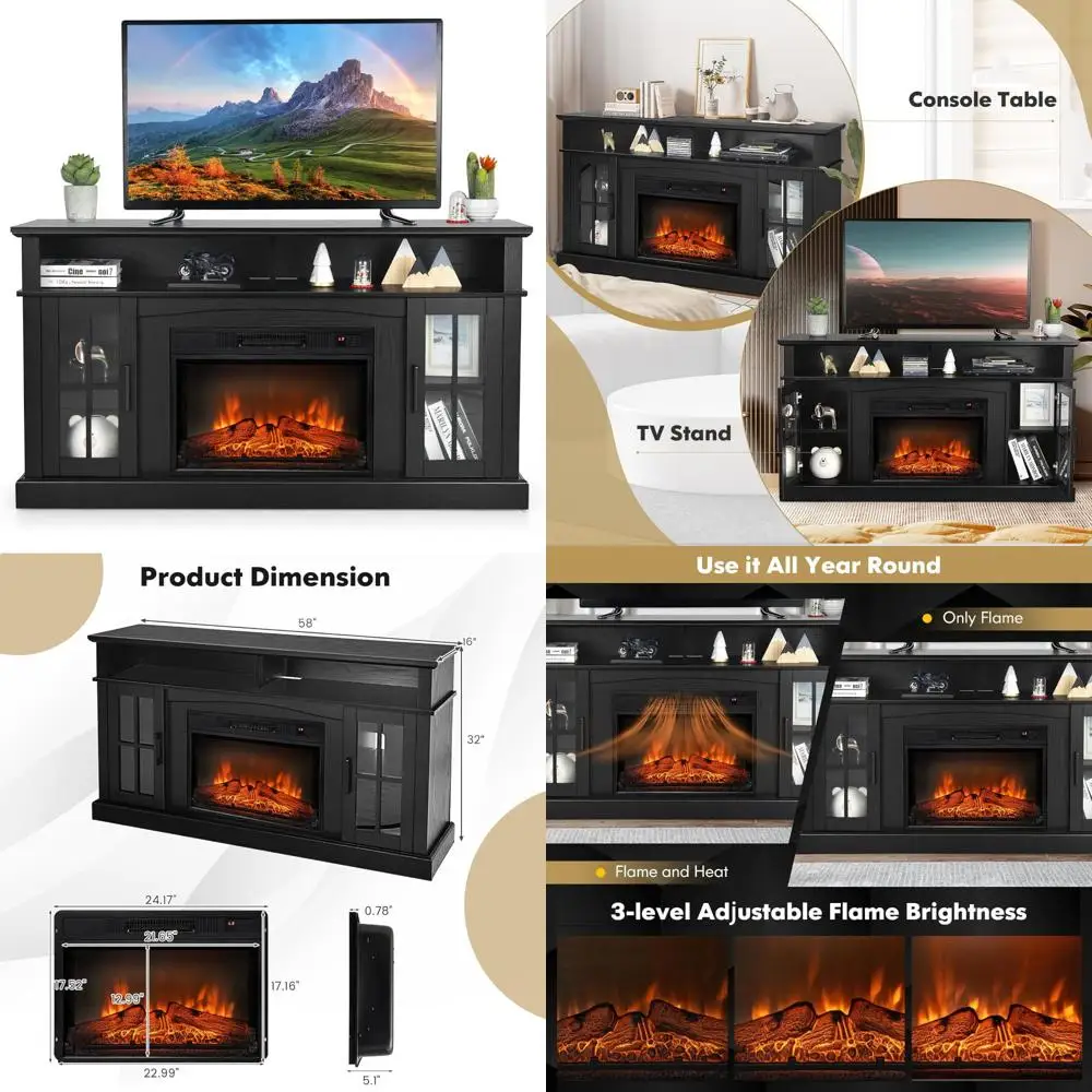 

COSTWAY Electric Fireplace TV Stand for TVs Up to 65 Inches, 1400W Heater Insert with Remote Control, 6H Timer, 3-Level Flame, O