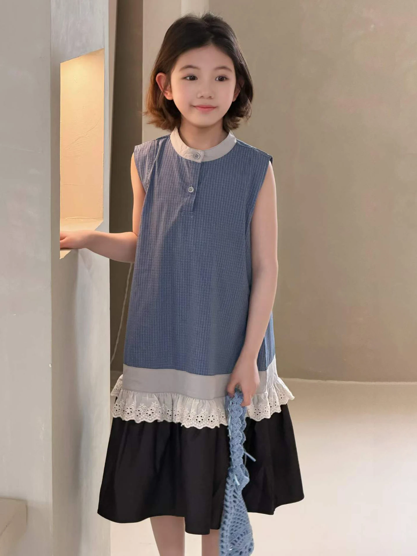 

Girls Summer Dress Children's Skirt Mid-Length Patchwork Korean Style Vest Dress Casual Loose Fit Soft Material Easy Care