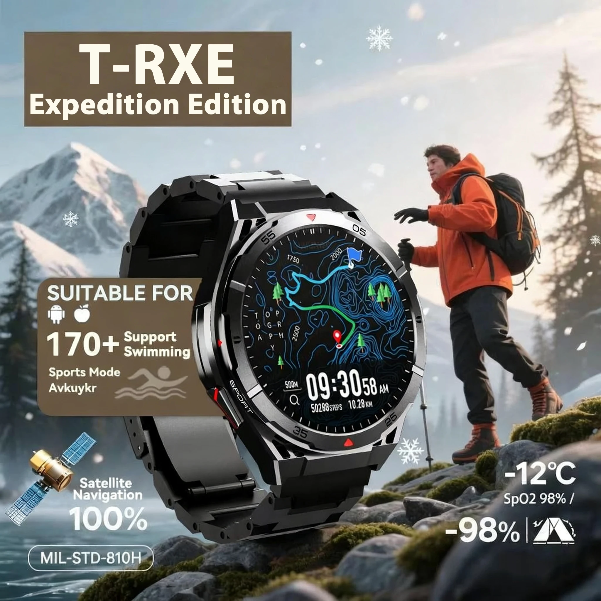 

New T-Rex 3 GPS Outdoor Exercise Smartwatch 1.43"Ultra HD uilt-in GPS Compass BT Call 490mAh Heart rate Waterproof Smart Watch