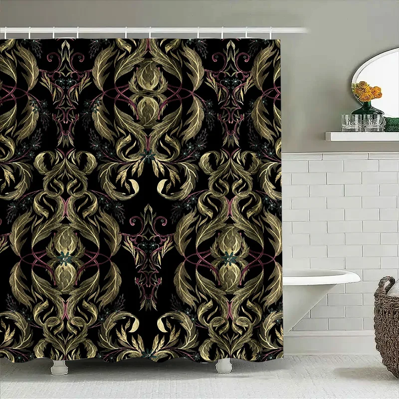 

Luxurious Golden Floral Print Shower Curtain Set for Bathroom Decor Waterproof Fabric with Rod Hanger Included (Black)