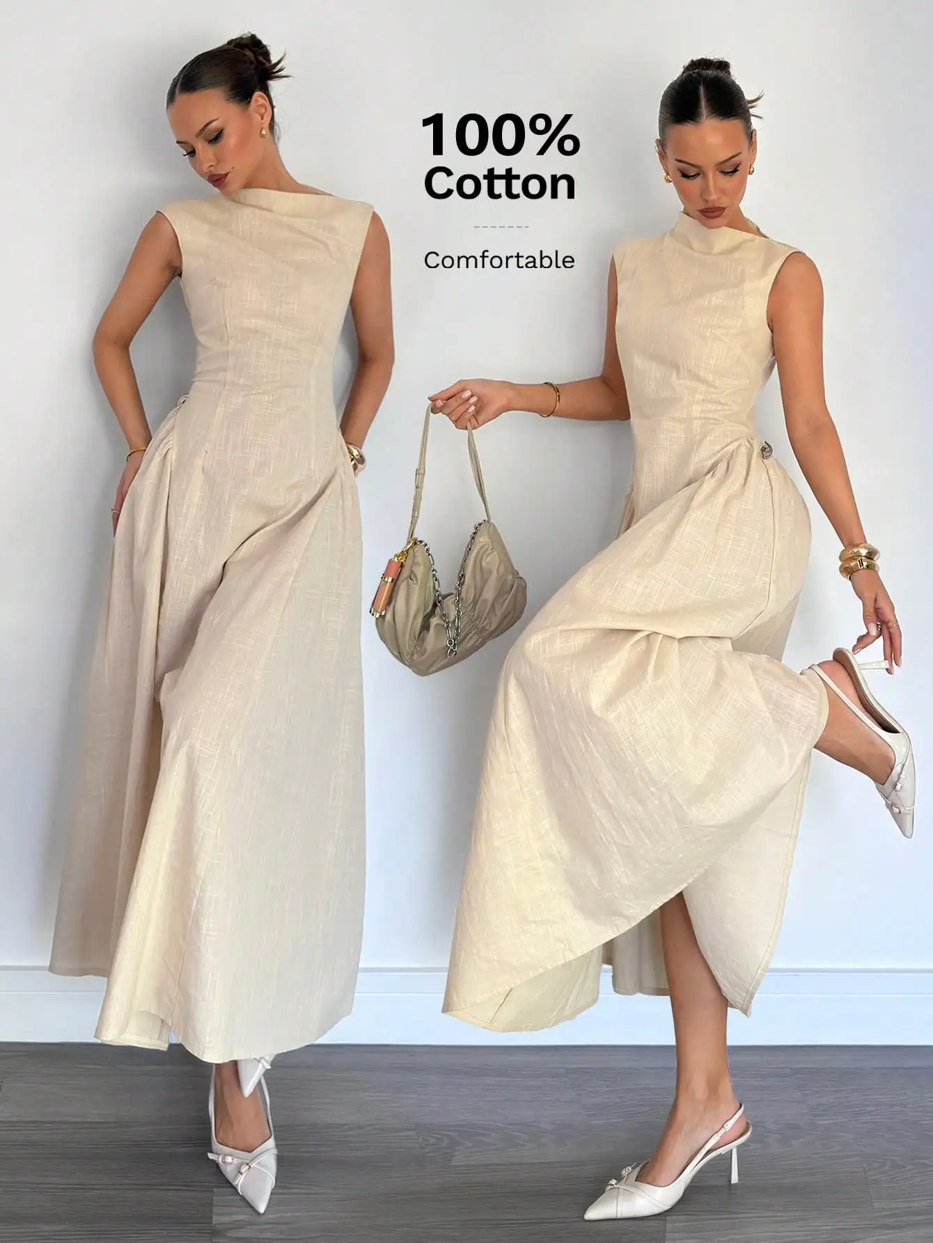 

Elegant Solid Color High-Neck Sleeveless Cotton Midi Dress with Asymmetrical Hem