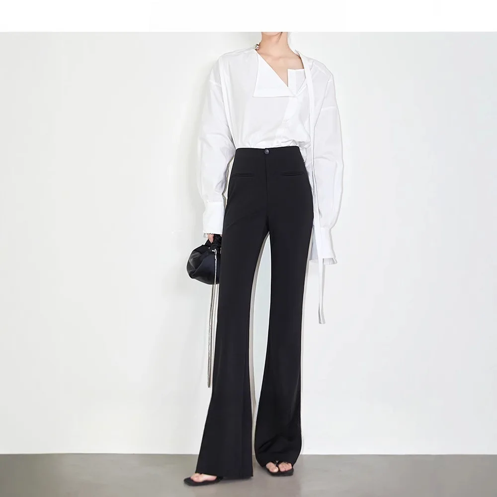

Women's Black Slim Fit Flared Pants New Office Style High Drape Premium Roman Fabric Flared Suit Trousers