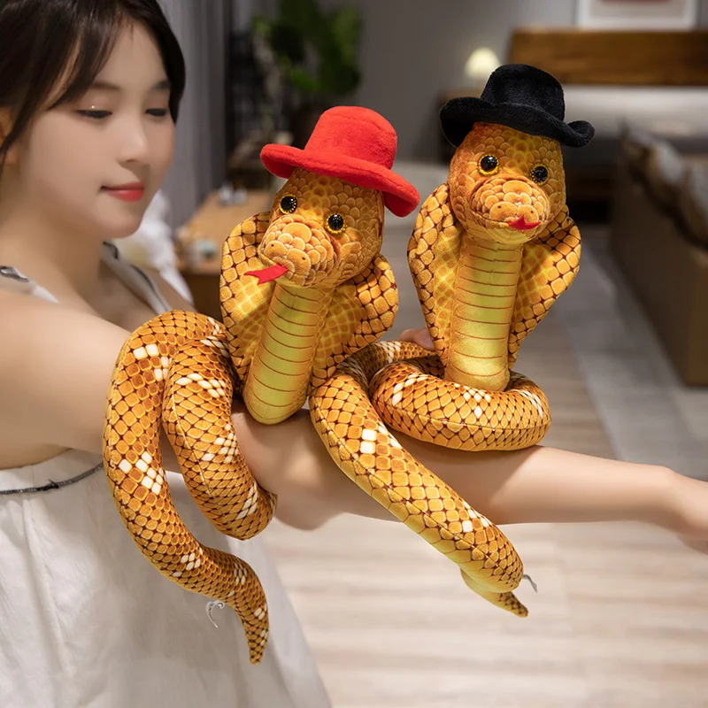 1Pc 25x74cm Funny Golden Snake with Gentleman's Hat Plush Toys Stuffed Soft Animal Dolls Simulation Snakes Toy Halloween Party