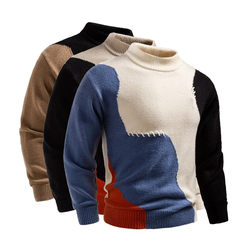 

Men's Color Block Patchwork Mock Neck Pullover Contrast Stitch Splice Knit Long Sleeve Slim Fit Streetwear Sweater for Men