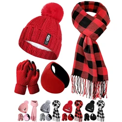 4pcs Winter Hat Scarf Gloves Ear Warmer Knit Warm Beanie Hat Touch Screen Gloves Long Knitted Plaid Scarf Set Gifts for Women