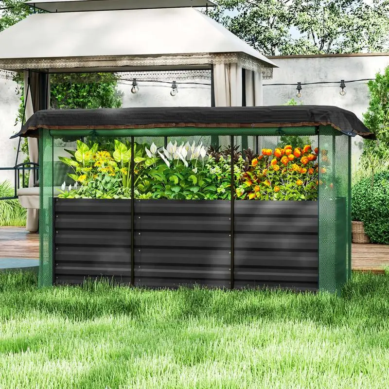 

Outsunny Galvanized Steel Planter Box with Crop Cage and Shade Cloth, Raised Garden Bed for Flowers, Veggies and Herbs, Dark Gray