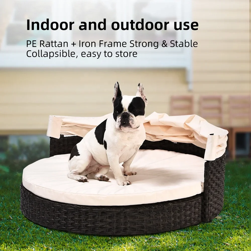 -Indoor Outdoor Removable Sunshade Foldable Artificial PE Rattan Pet Dog Bed With Canopy