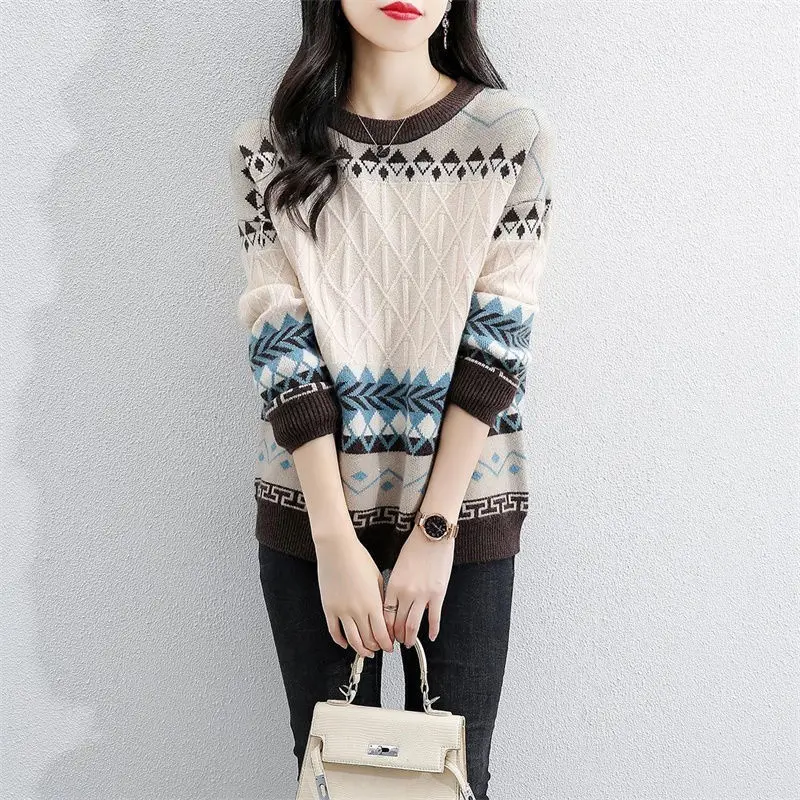 

Fashion Contrasting Colors Geometric Sweaters Autumn Winter New Women's Clothing Loose All-match Round Neck Knitted Jumpers