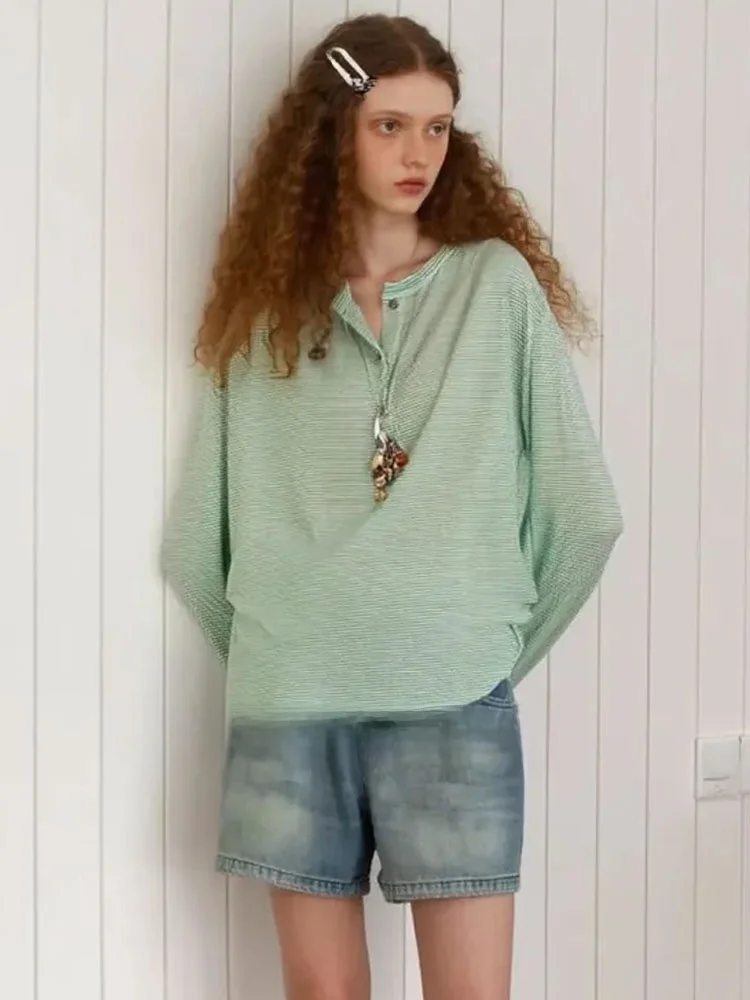 

ZhuoZhi een Striped Thin Henry Collar T-irt Casual Loose Lazy Summer Autumn Women's Faion Commute Sle Long Sve