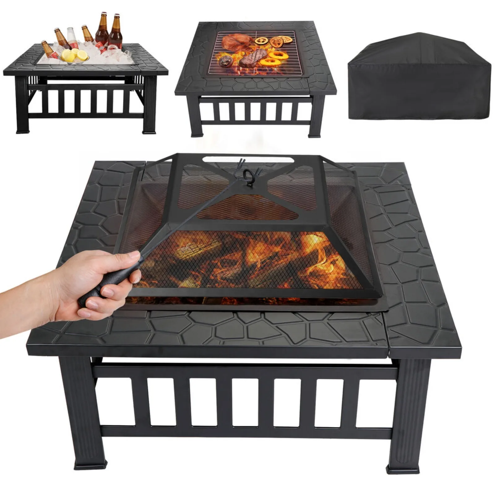 

US 32" Metal Fire pit Backyard Patio Garden Square Stove Fire Pit With Cover Black