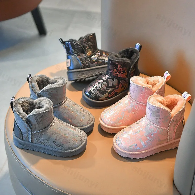 2025 Winter Children's Fashion Print Warm Thick Velvet Snow Boots Boys' Versatile Plush Comfortable Non Slip Chunky Cotton Boots