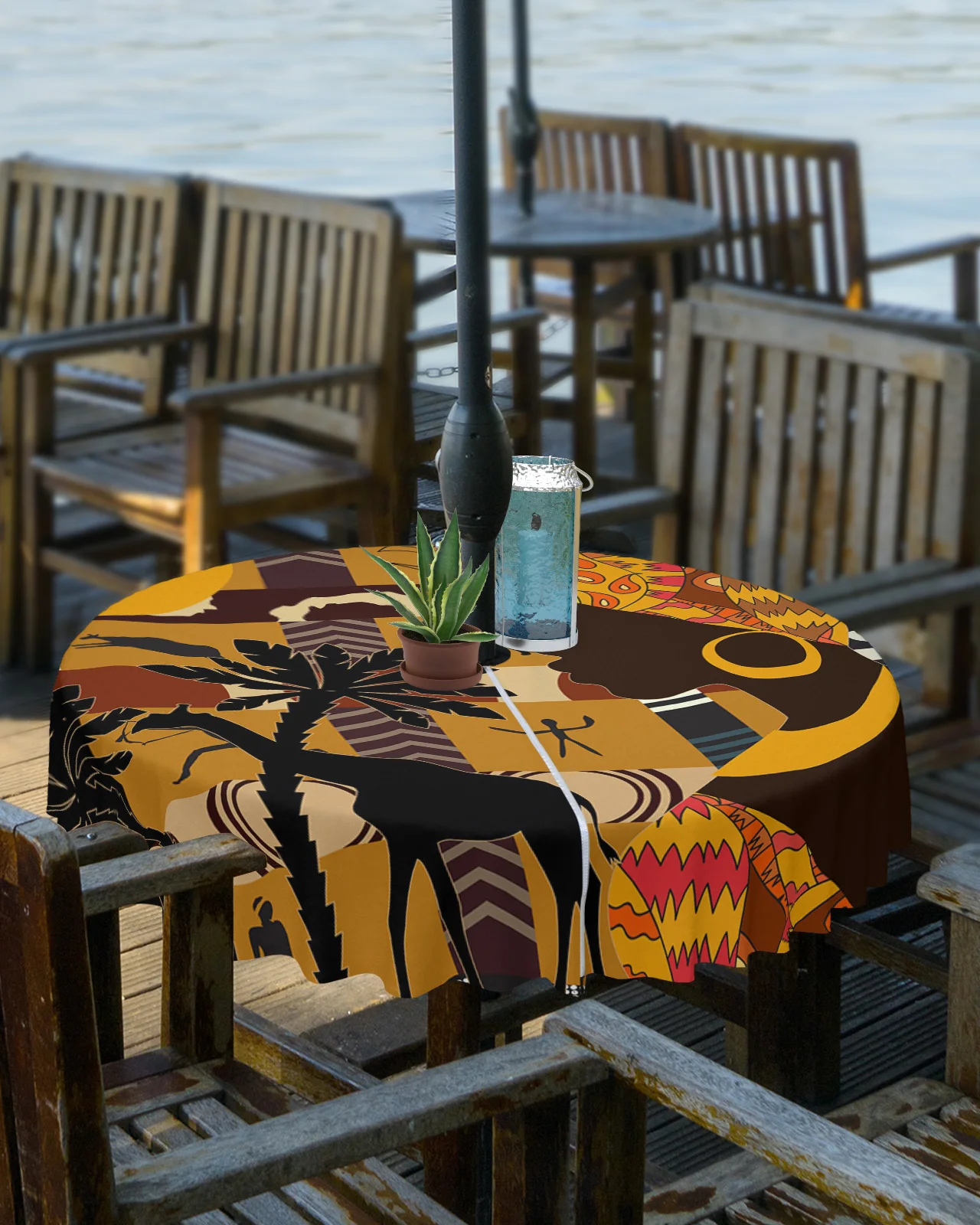 African Woman Female Elephant Giraffe Outdoor Tablecloth with Umbrella Hole Zippered Waterproof Picnic Patio Round Table Cover