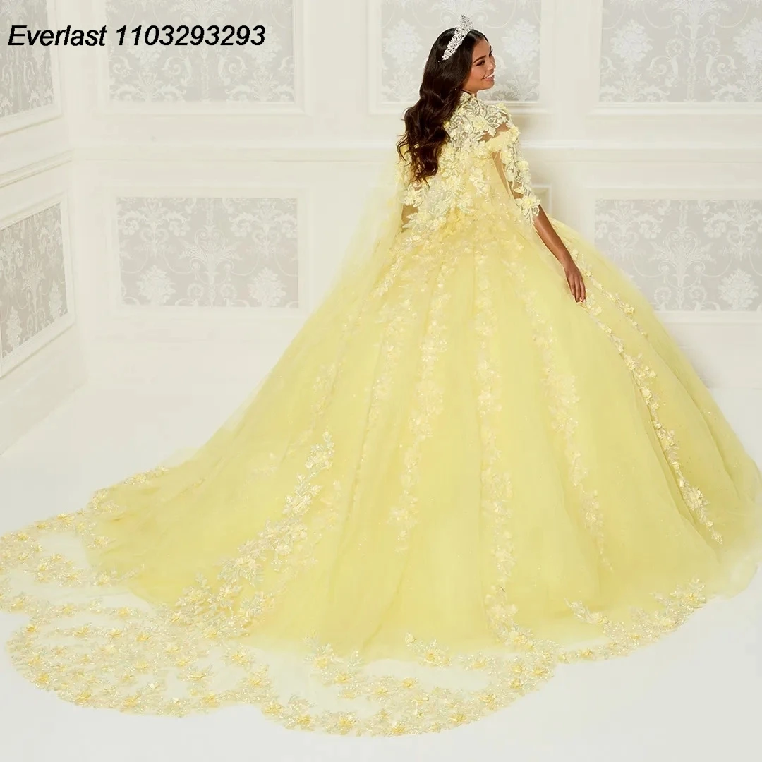 EVLAST Shiny Yellow Quinceanera Dress Ball Gown 3D Floral Lace Applique perline con Cape Sweet 16 Vestido 15 De aecos TQD237