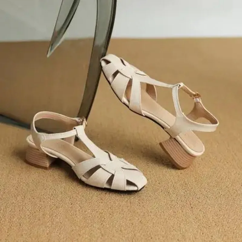 New Thick Heel Romen Sandals Women High Heel Leather Shoes Retro Weave Hollow Pumps British Style Female Shoes Summer 2025