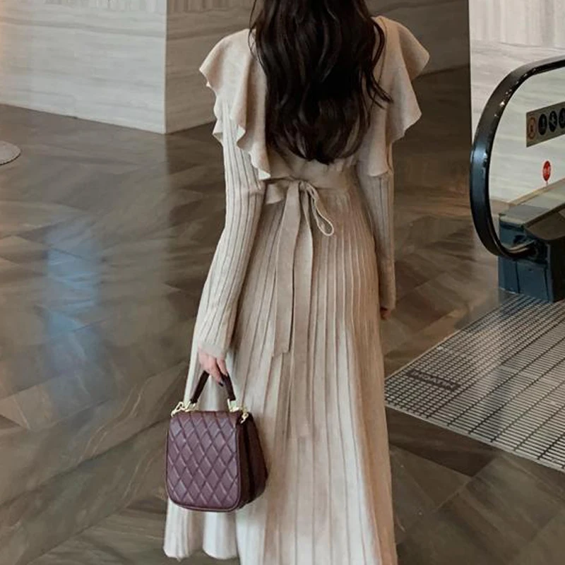 Autumn Winter Ruffles Lace Up Elegant Chic Pleated Knitted Dresses for Women Solid O Neck Long Sleeve Midi Dress Slim Vestidos