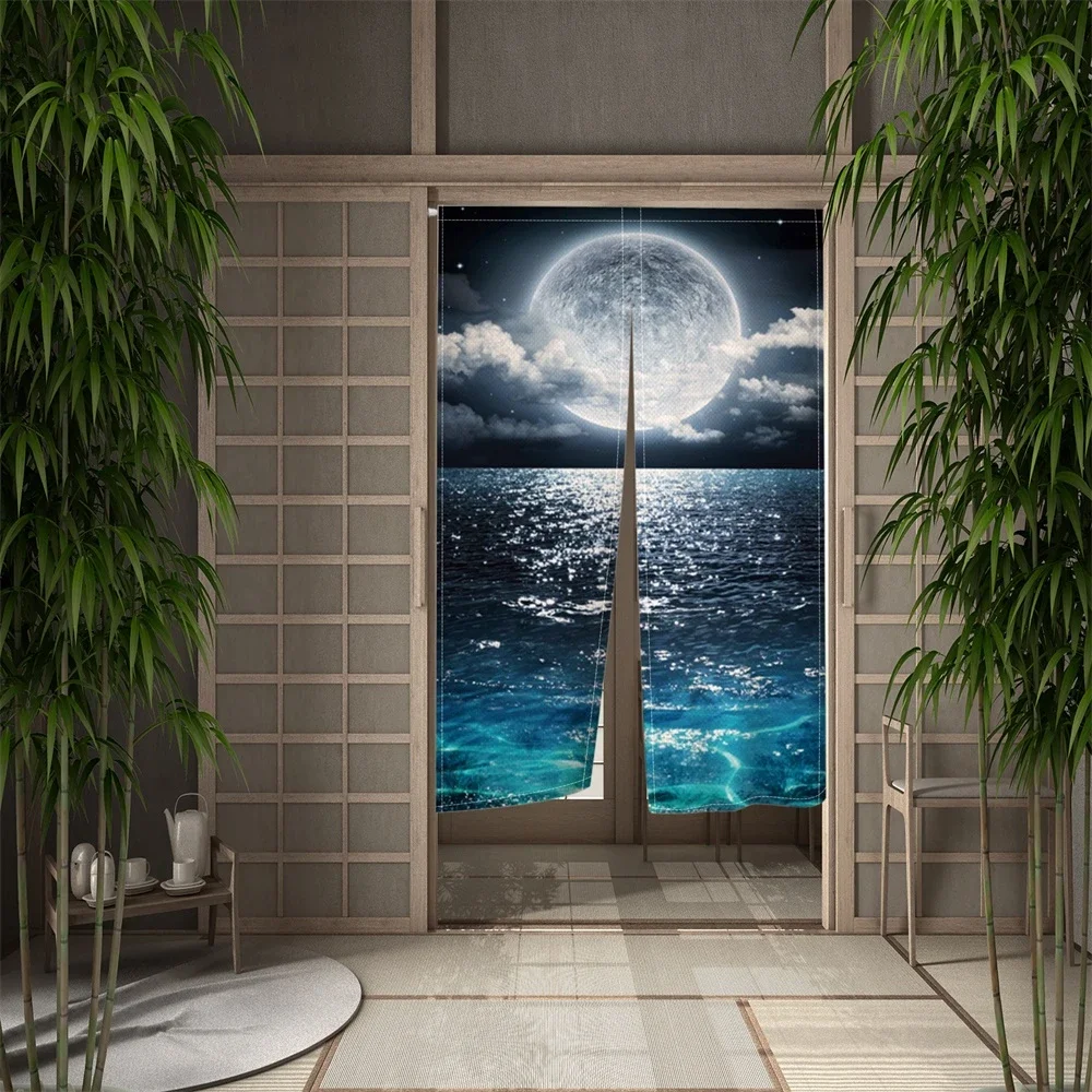 Japanese Door Curtain Moon Night Partition Kitchen Doorway Decorative Drapes Cafe Lzakaya Entrance Noren Hanging Half-Curtain