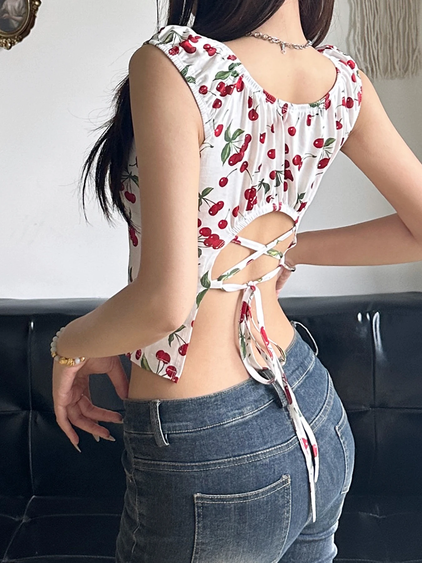 IAMSURE-Sweet Bandage Backless Cropped T Shirt para Mulheres, Sexy Slim, Colarinho Quadrado, Camisetas de Manga Curta, Streetwear de Moda Verão, 2024
