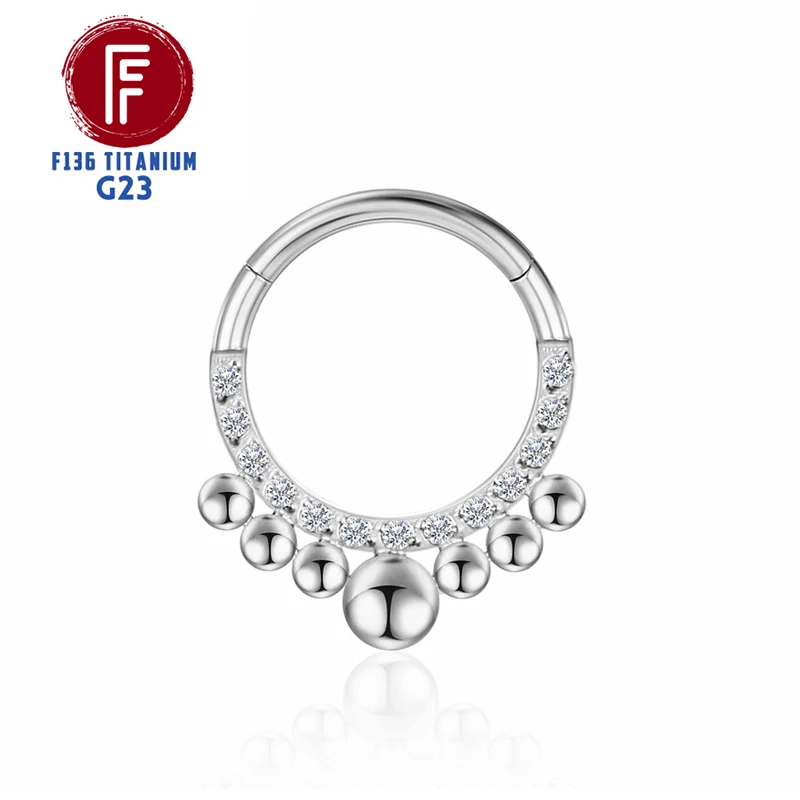 F136 Titanium Nose Piercing Hinged Bead Hoops CZ Stone Rings