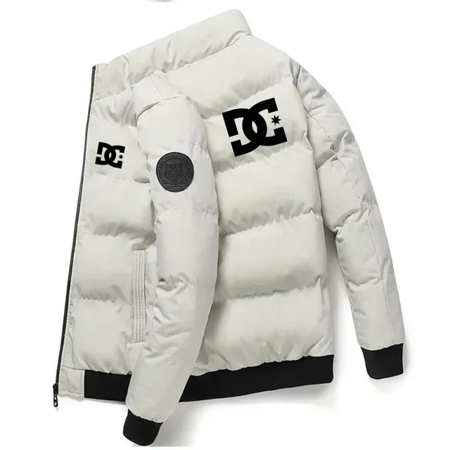 Setelan katun hangat pria musim gugur-dingin dengan logo besar, tren kepribadian, ritsleting, bulu, anti angin untuk luar ruangan, motif huruf, tebal, gaya netral