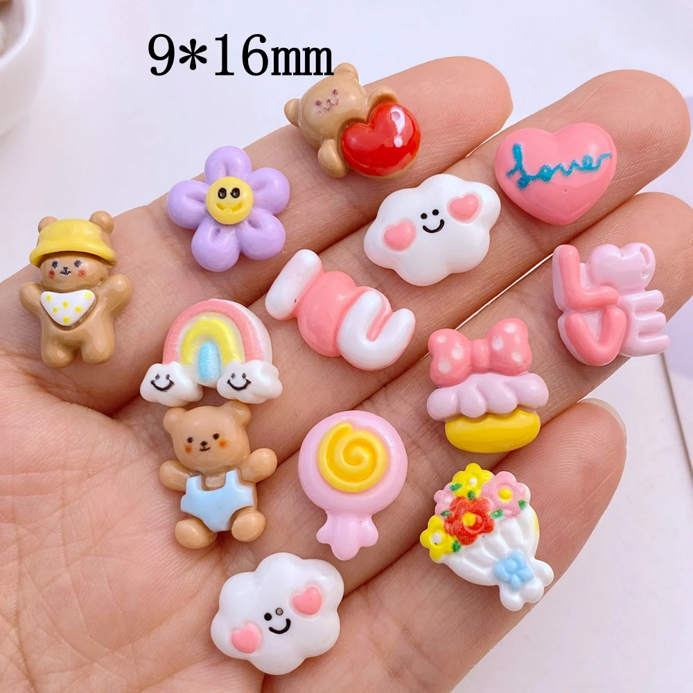 20Pcs New Cute Resin  Mini Rainbow, Bear, Cloud, Flower Series Flat Back Ornament Jewelry Making Bows Accessories