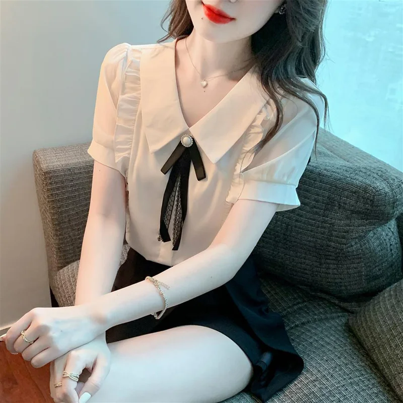 Sweet Bow Lapel Spliced Puff Sleeve Button Oversized Ruffles Shirt Loose Commute Tops Summer Elegant Female Clothing Chic Blouse