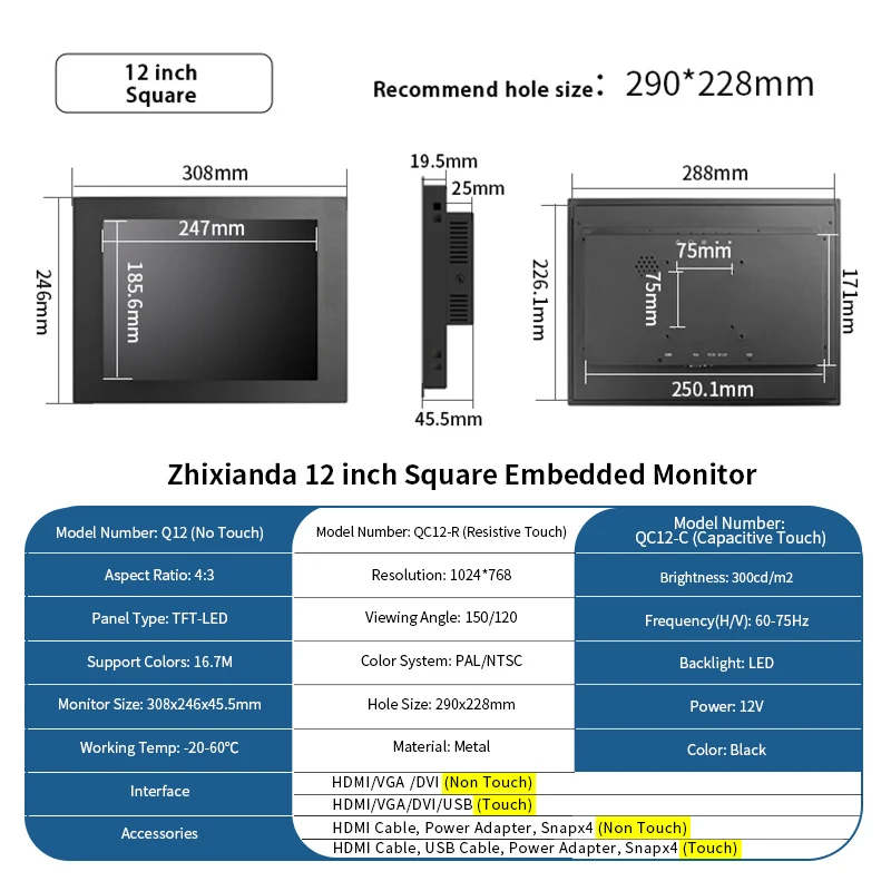 Zhixianda 12 Inch 4:3 1024*768 Panel Mount Industrial Resistive Capacitive Touch Screen Embedded Monitor With VGA DVI HDMI Port